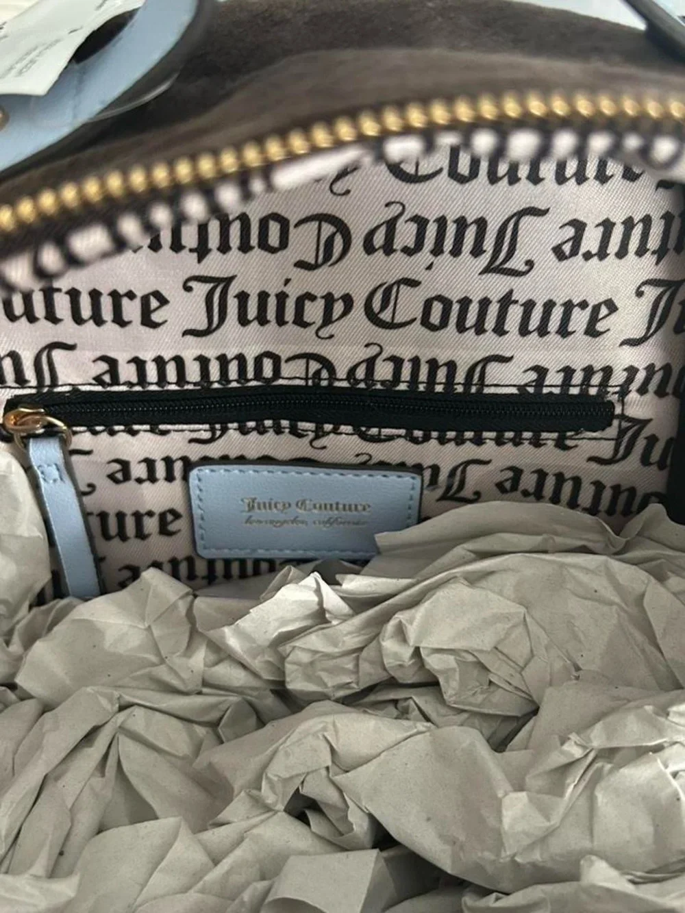 Juicy Couture Brown Backpack with Light Blue Trim and Gold Charm